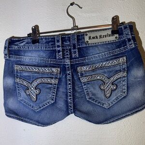 Rock Revival Indigo Denim Shorts with Embellished Pockets
